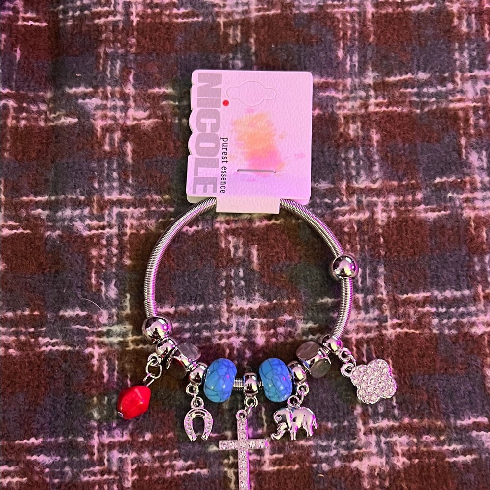 Nicole Silver Bracelet with Blue and Red Charms